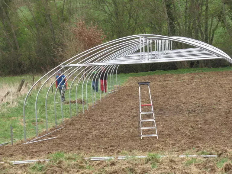 Personnes assemblant une charpente métallique pour une serre locale dans un champ labouré avec des arbres en arrière-plan et une échelle au premier plan.