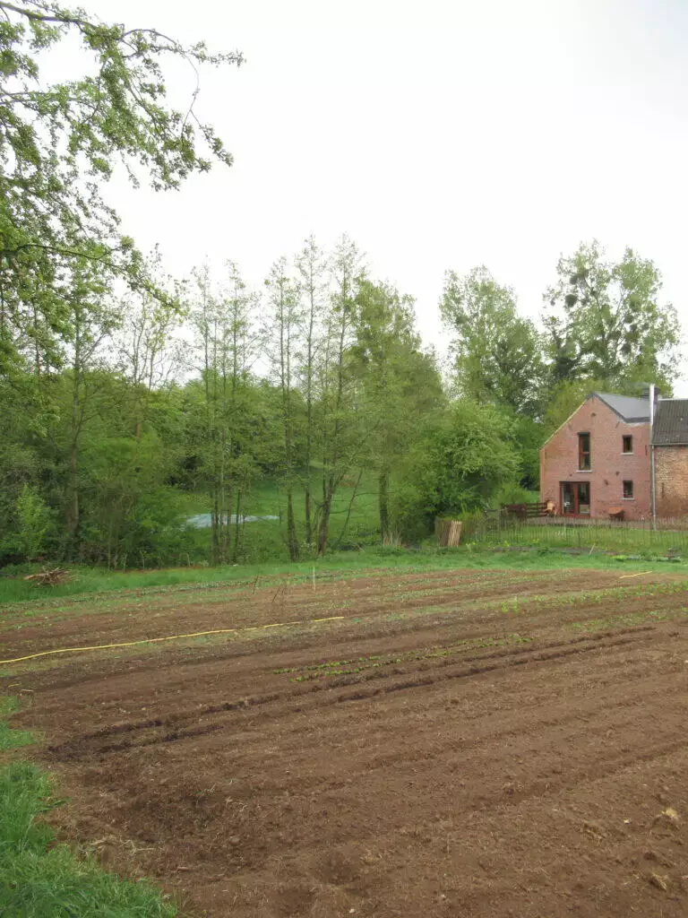 Un champ labouré au premier plan avec un groupe de grands arbres et une maison locale en brique à côté d'un étang, sous un ciel nuageux.