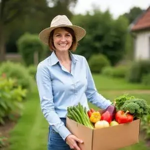 Une femme portant un chapeau sourit tout en tenant une boîte « Abonnement grand panier » de légumes frais, avec une maison et un jardin en arrière-plan.
