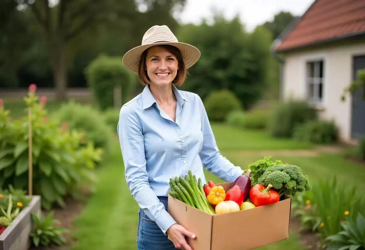 Une femme portant un chapeau sourit tout en tenant une boîte « Abonnement grand panier » de légumes frais, avec une maison et un jardin en arrière-plan.