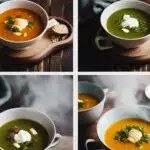 Quatre images de différentes soupes de légumes crémeuses dans des bols, garnies d'herbes et de crème, servies sur des plateaux en bois, sur fond rustique et faiblement éclairé.