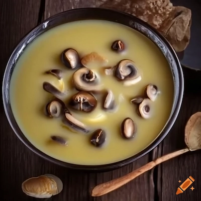Une soupe aux Légumes avec des champignons et une cuillère.