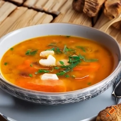 Un bol de soupe avec pain et carottes.