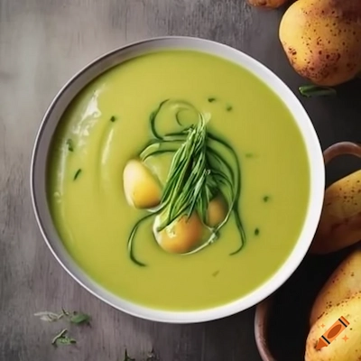 Une soupe de légumes d'hiver avec des pommes de terre et des brins de thym.