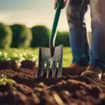 Un maraîcher jardinant, debout avec une pelle dans la terre à proximité de jeunes plants au soleil.