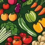Illustration de divers légumes colorés, dont des tomates, des carottes, des poivrons et du brocoli, sur fond vert.