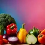 Assortiment de légumes frais comprenant du brocoli, des poivrons, des tomates et des oignons d'un maraîcher local sur fond dégradé coloré.