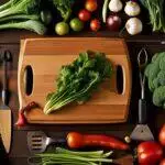 Assortiment de légumes frais disposés autour d'une planche à découper en bois avec des ustensiles de cuisine sur une table sombre, mettant en évidence la frisette du chou.