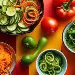 Assortiment de légumes locaux en spirale, notamment des carottes, des courgettes et des concombres, présentés dans des bols avec des tomates entières et des citrons verts sur un fond coloré.