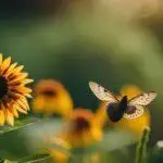 Un papillon aux ailes translucides plane près des tournesols locaux dans une lumière dorée.