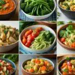 Une série de neuf images présentant des plats de légumes locaux, notamment des ragoûts, des légumes cuits à la vapeur et des plats de pâtes, présentés dans des bols et des assiettes.