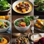 Collage de neuf images présentant divers repas sains, notamment des salades, des soupes et des plats à base de légumes et de légumineuses frais.