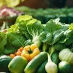 Un panier de légumes frais locaux comprenant de la laitue, des tomates, des poivrons, du brocoli et des courgettes dans un jardin ensoleillé.