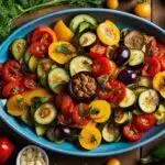 Un plat de ratatouille vibrant composé de tranches de courgettes, de tomates et d'aubergines dans une cocotte bleue, garnie d'herbes locales.