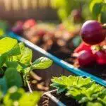 Jardin maraîcher animé avec radis, jeunes laitues et autres légumes verts poussant dans des plates-bandes surélevées ensoleillées.