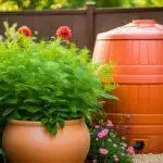 Un grand baril de pluie orange à côté de plantes vertes luxuriantes et de fleurs colorées dans un jardin avec une clôture en bois en arrière-plan à Blarégnies.