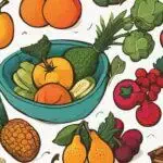 Illustration de divers fruits et légumes locaux colorés, dont un bol avec des éléments mélangés, sur fond blanc.