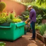 Homme au chapeau s'occupant des plantes dans un lit de jardin surélevé tout en utilisant une truelle de jardinage, entouré d'une verdure luxuriante dans une cour locale.