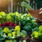 Un potager avec des radis mûrs et la frisette du chou dans une caisse en bois, sous le soleil, avec une brouette en arrière-plan.