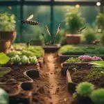Des abeilles survolent une petite serre-jardin à Blarégnies avec des rangées de plantes en pot et un chemin de terre, éclairé par la douce lumière du soleil.