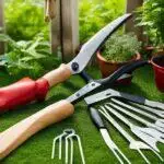 Outils de jardinage, notamment un sécateur, un râteau et une truelle, disposés sur l'herbe avec des plantes locales en pot en arrière-plan.