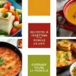 Collage de divers plats végétariens locaux, notamment des salades, de la soupe et des poivrons farcis, accompagnés de blocs de texte contenant des phrases en français sur des recettes saines.